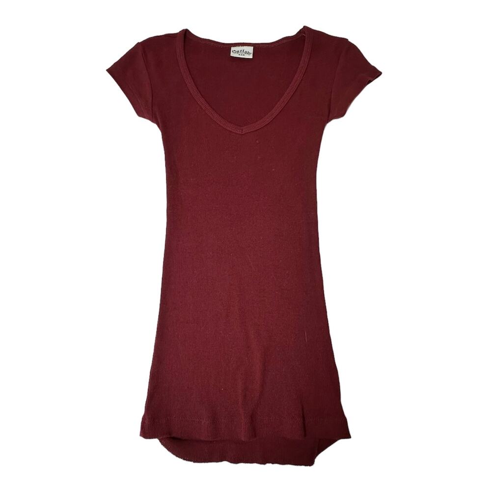 OUTLAW Dark Red Ribbed Basic T-shirt Small